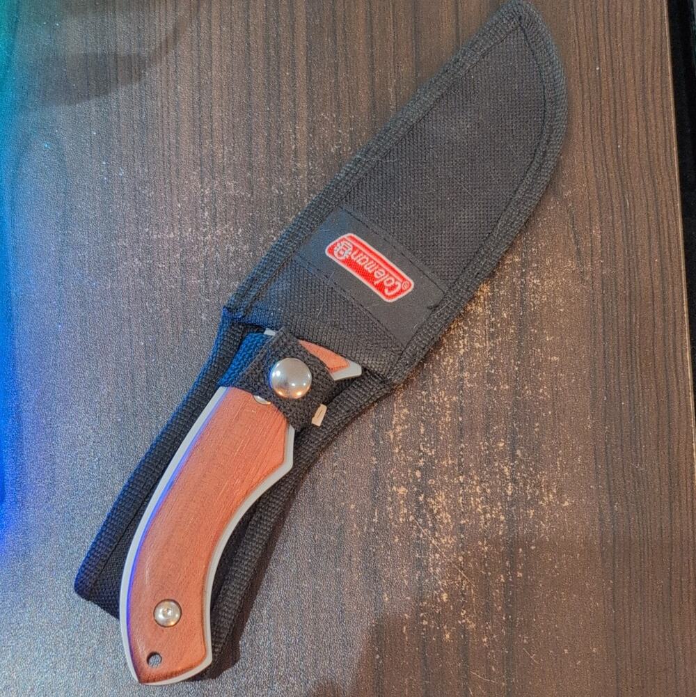 Coleman Fixed Blade Hunting Knife Drop Point SS Wood Handle Sheath Full Tang